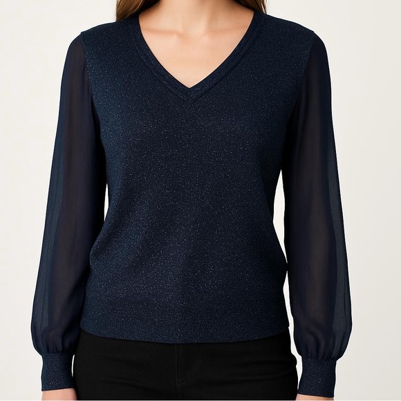 Brooks Brothers Tops - Brooks Brothers Navy Blue And Silver Shimmer Long Mesh Sleeves Top